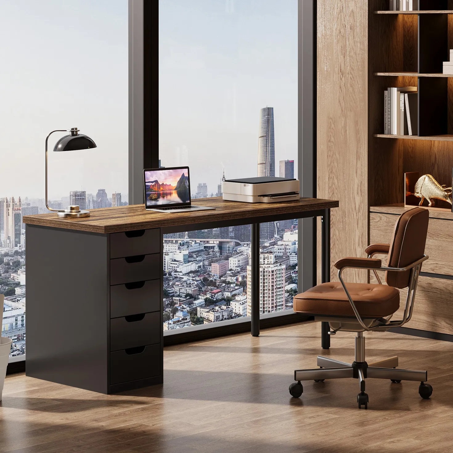Tribesigns 47" Computer Desk with 5 Reversible Drawers, Rustic Home Office Workstation