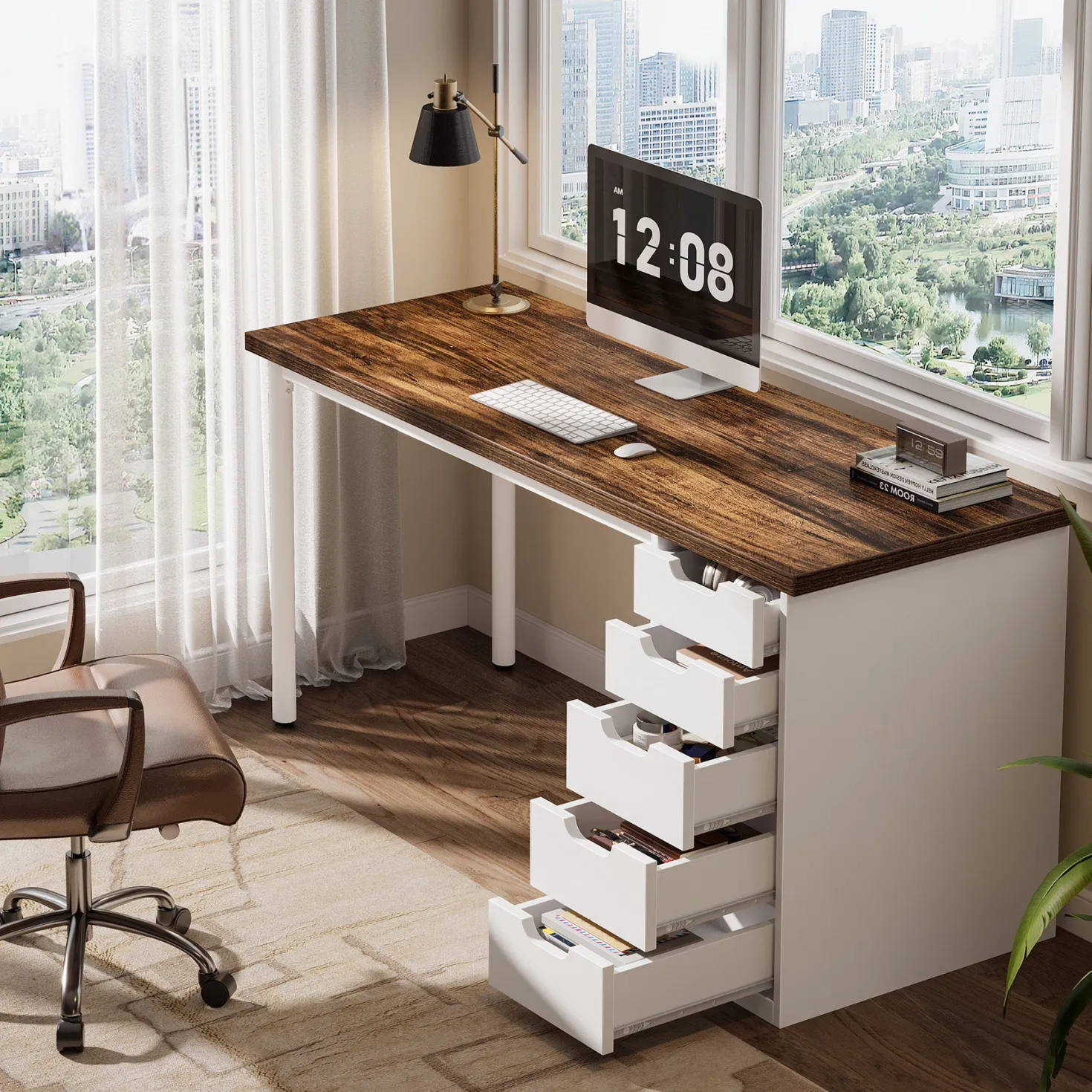 Tribesigns 47" Computer Desk with 5 Reversible Drawers, Rustic Home Office Workstation