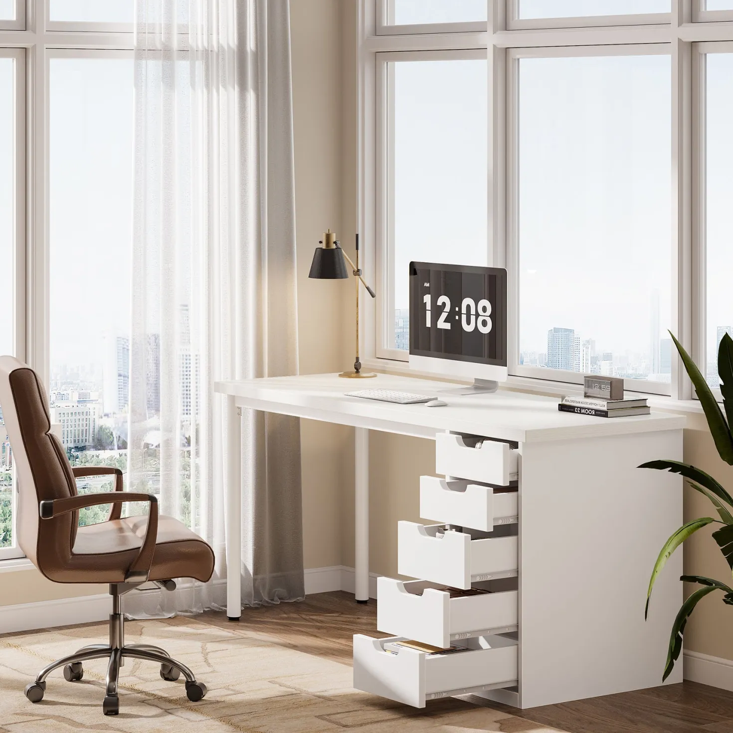 Tribesigns 47" Computer Desk with 5 Reversible Drawers, Rustic Home Office Workstation