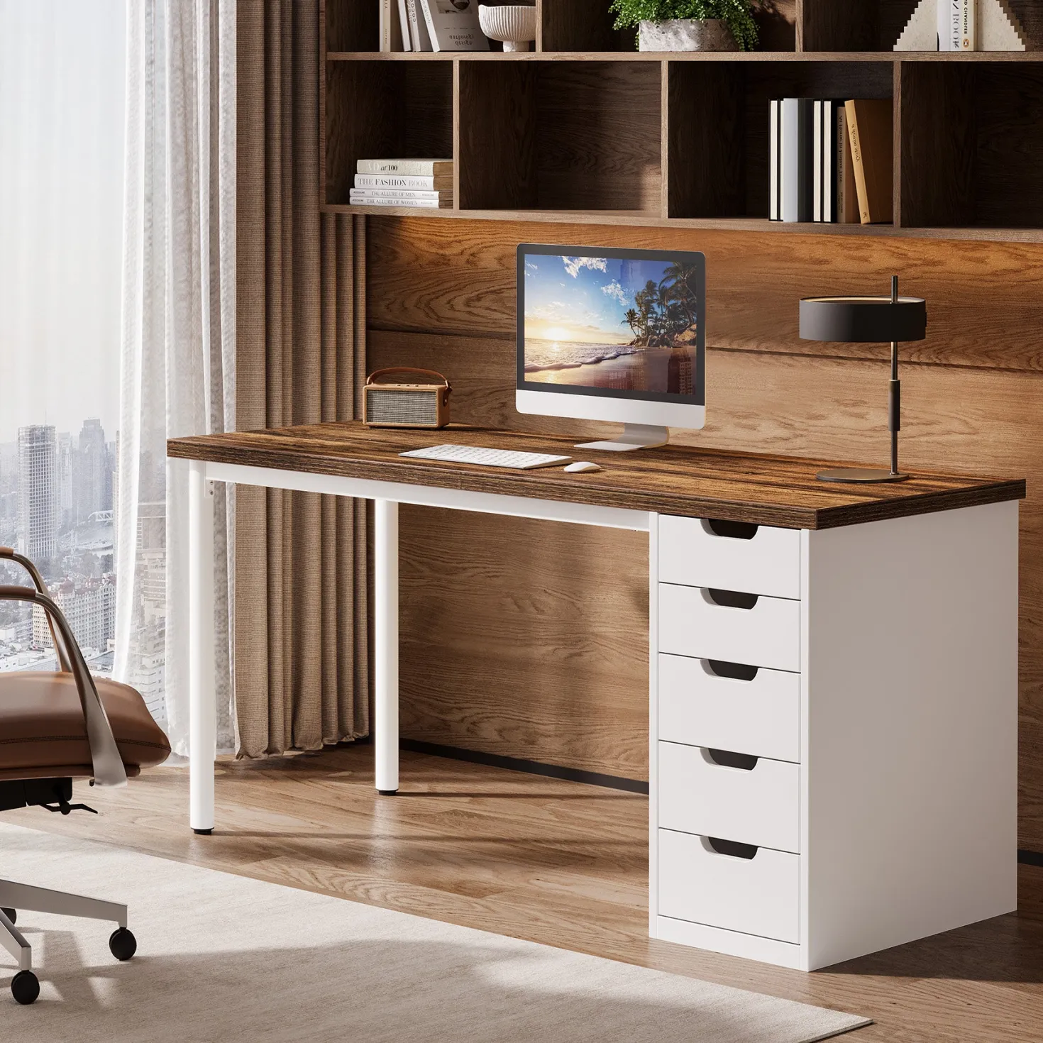 Tribesigns 47" Computer Desk with 5 Reversible Drawers, Rustic Home Office Workstation