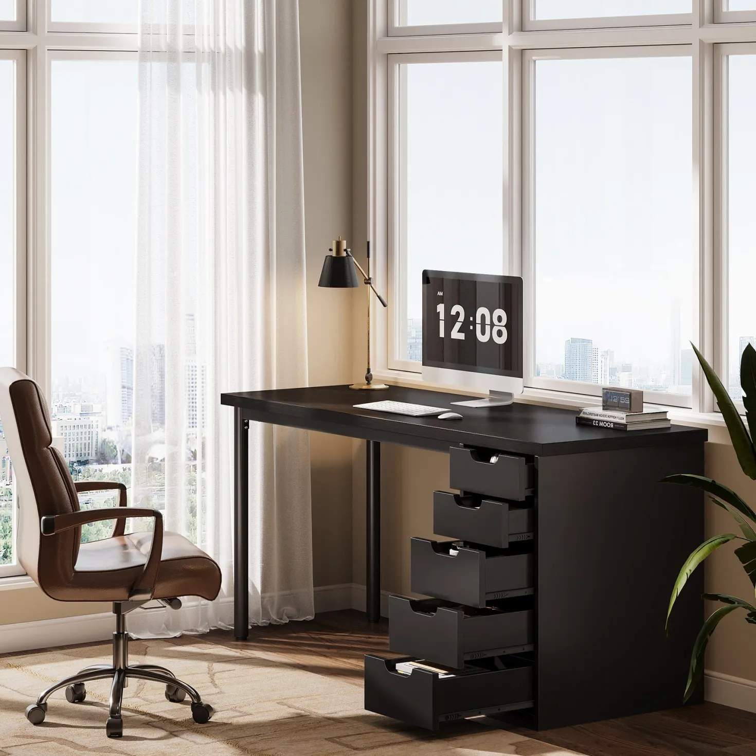 Tribesigns 47" Computer Desk with 5 Reversible Drawers, Rustic Home Office Workstation