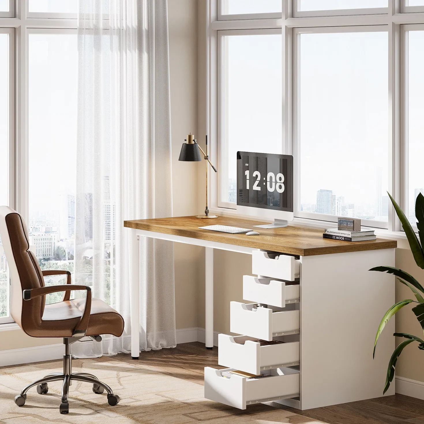 Tribesigns 47" Computer Desk with 5 Reversible Drawers, Rustic Home Office Workstation