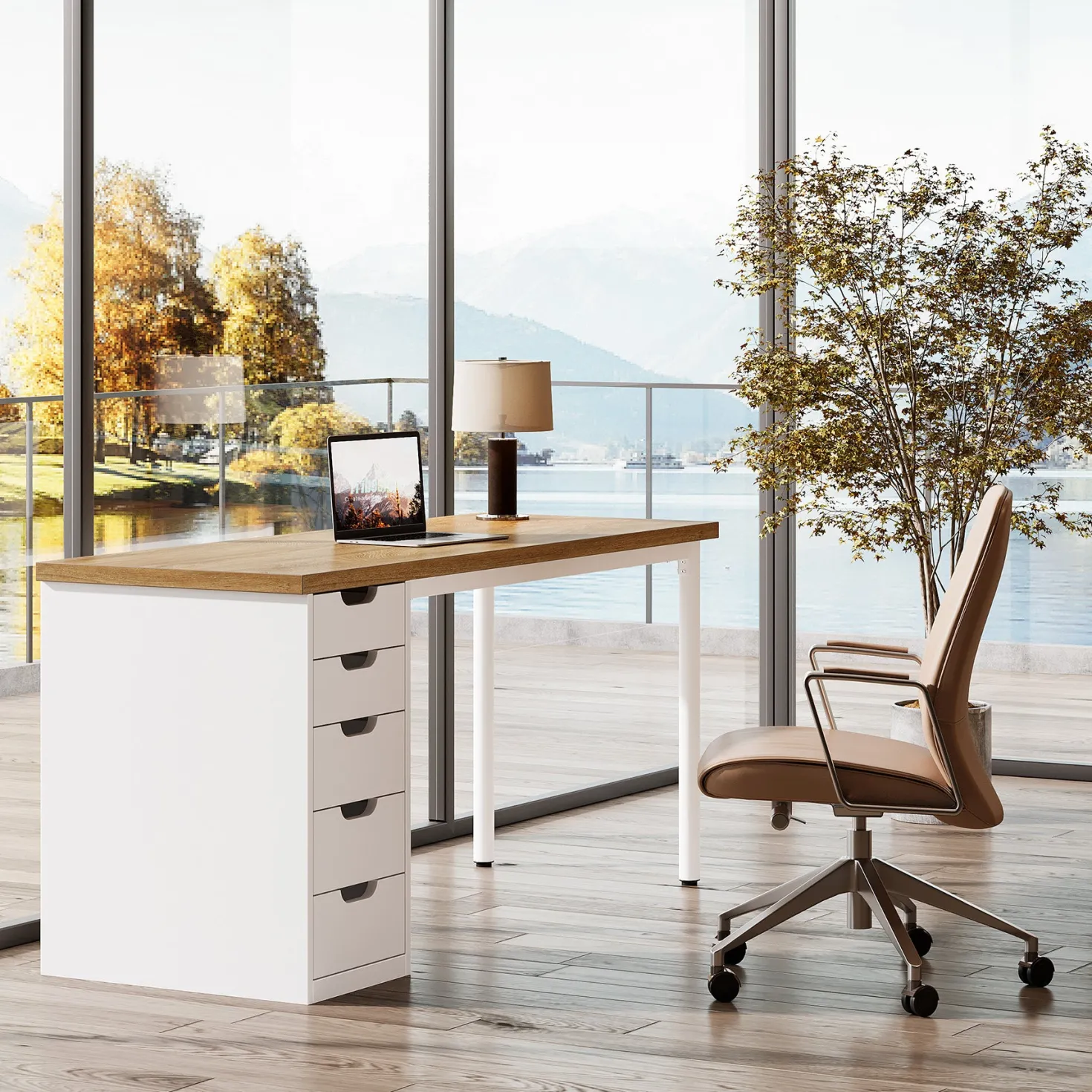Tribesigns 47" Computer Desk with 5 Reversible Drawers, Rustic Home Office Workstation