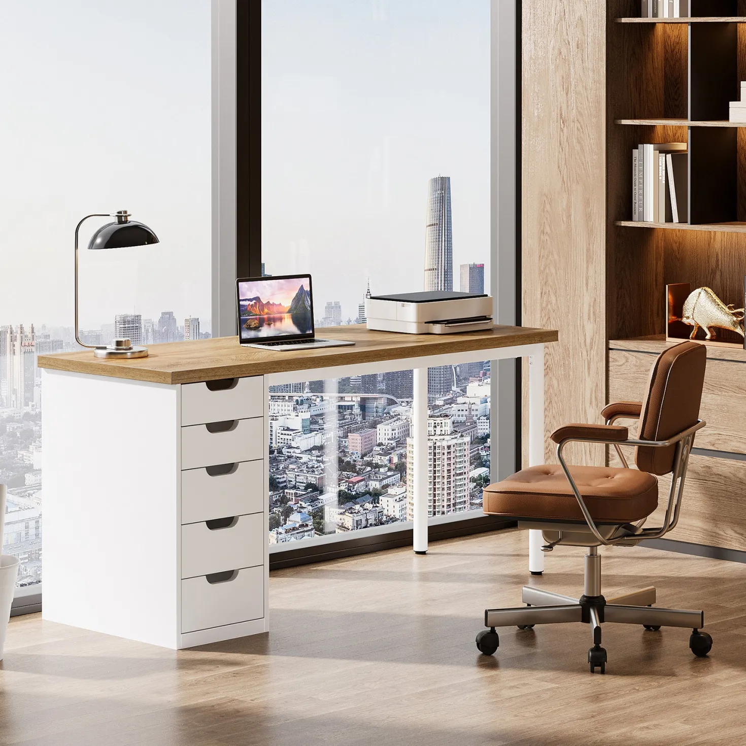 Tribesigns 47" Computer Desk with 5 Reversible Drawers, Rustic Home Office Workstation
