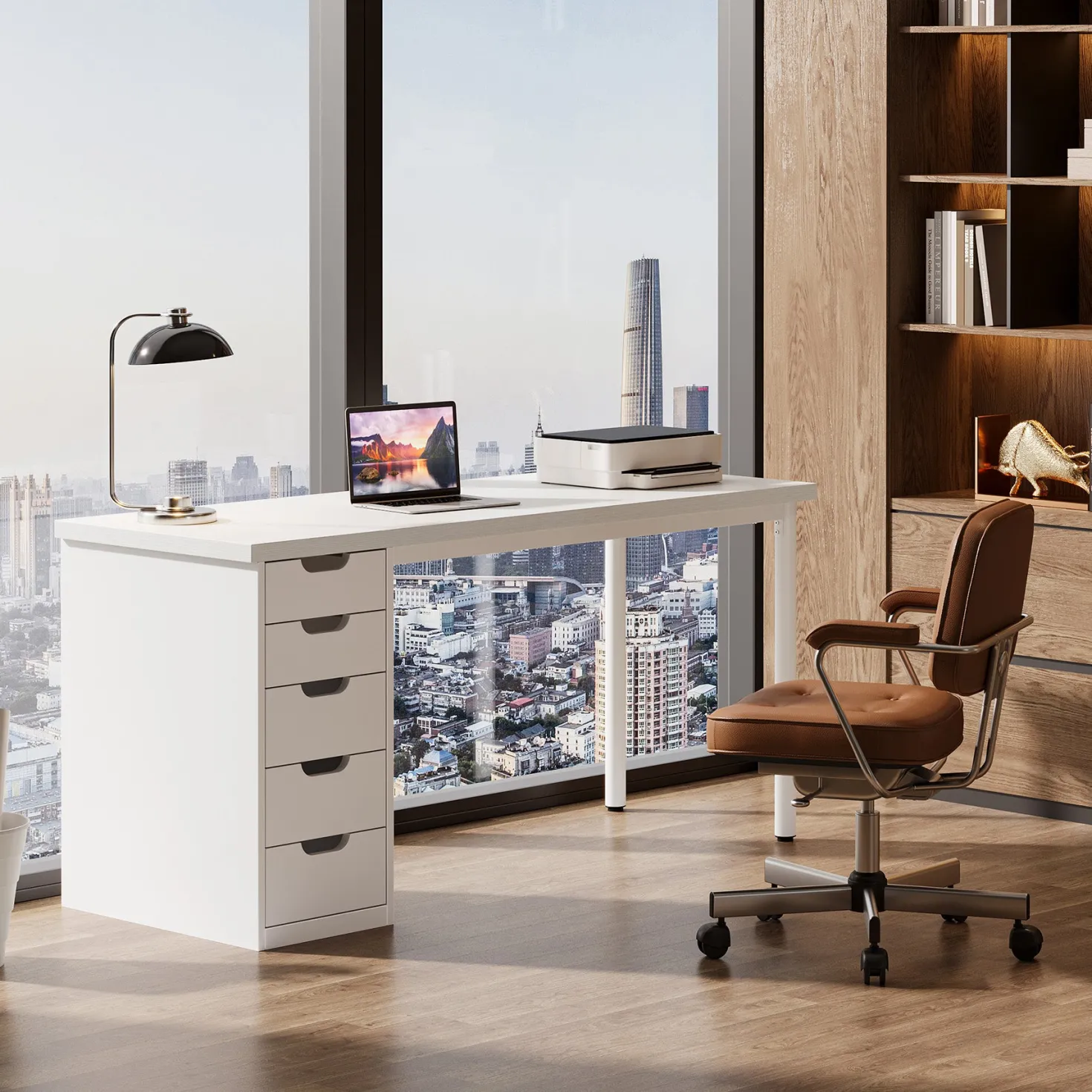 Tribesigns 47" Computer Desk with 5 Reversible Drawers, Rustic Home Office Workstation