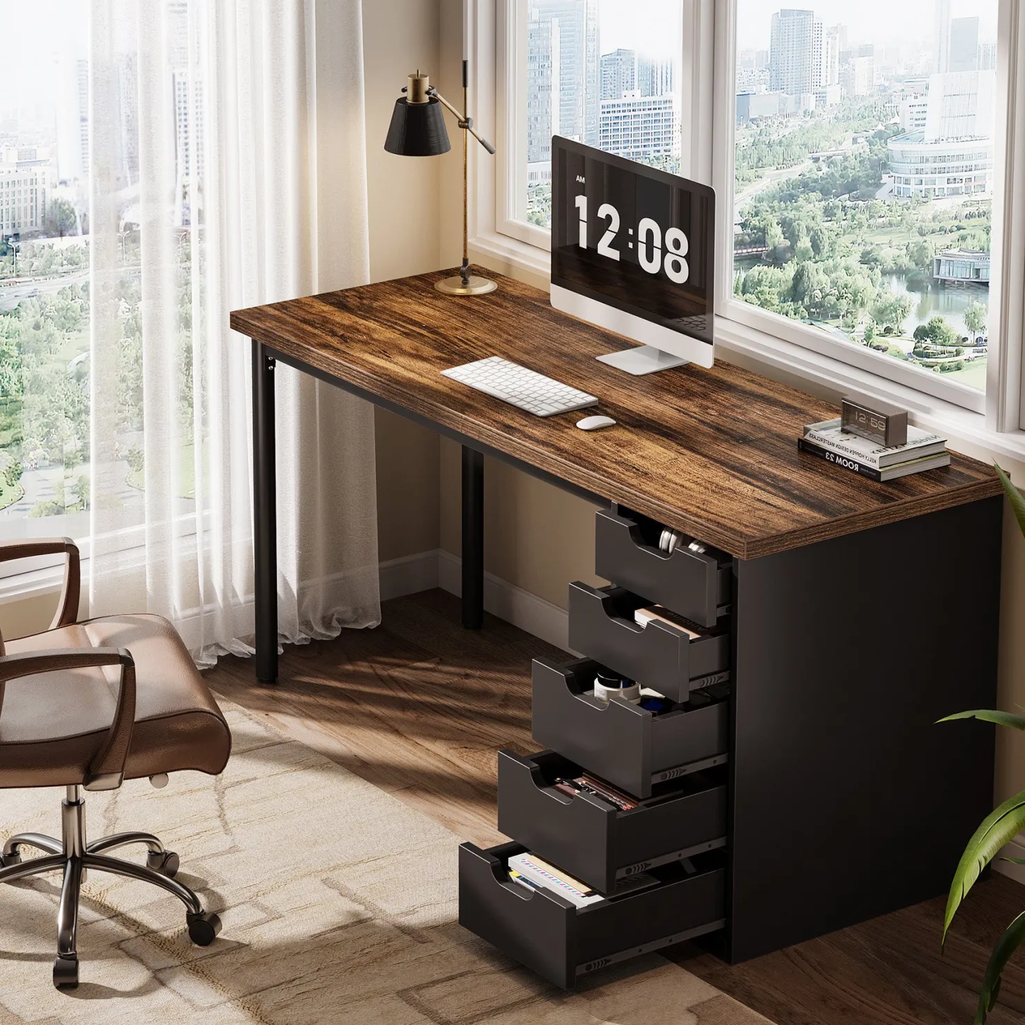 Tribesigns 47" Computer Desk with 5 Reversible Drawers, Rustic Home Office Workstation