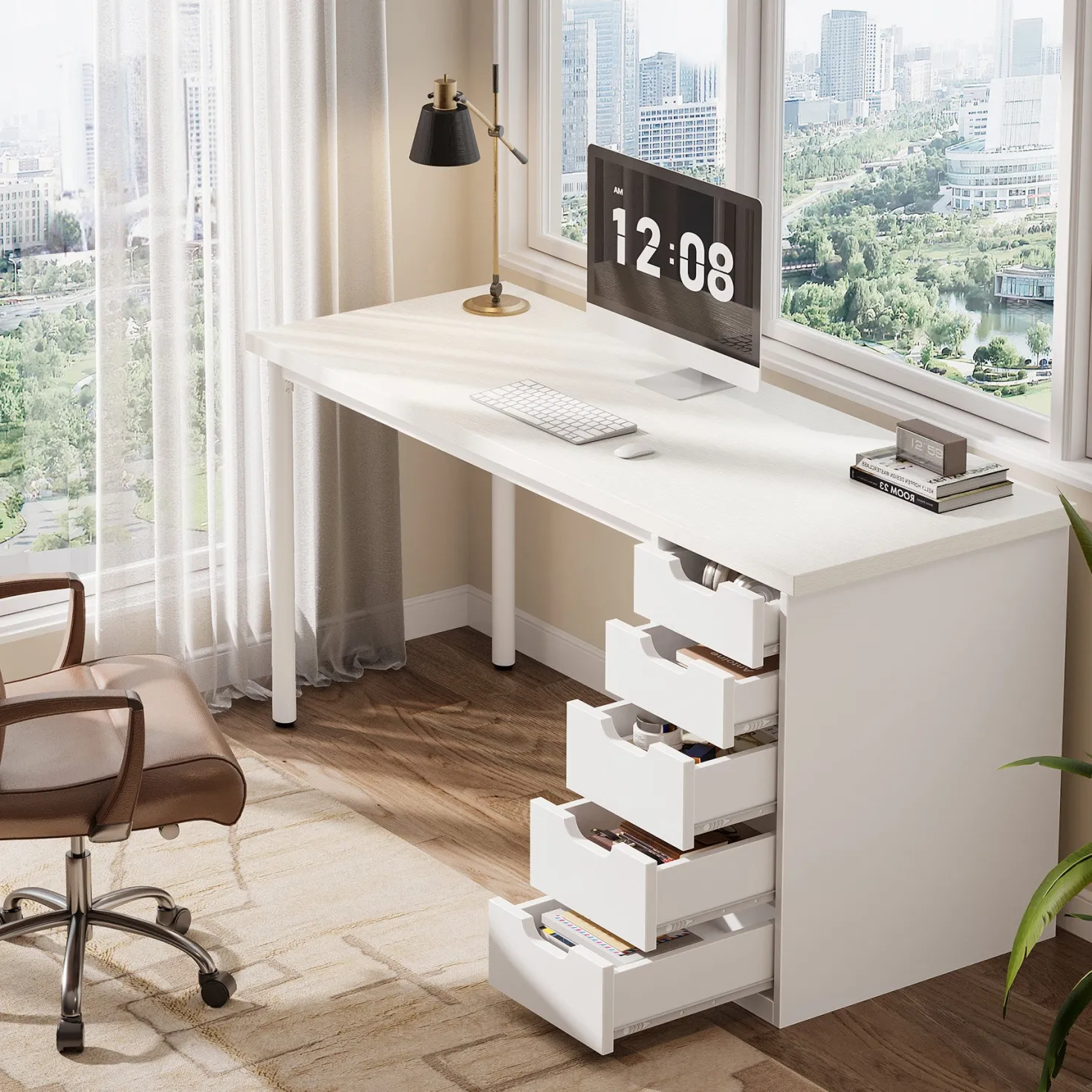 Tribesigns 47" Computer Desk with 5 Reversible Drawers, Rustic Home Office Workstation