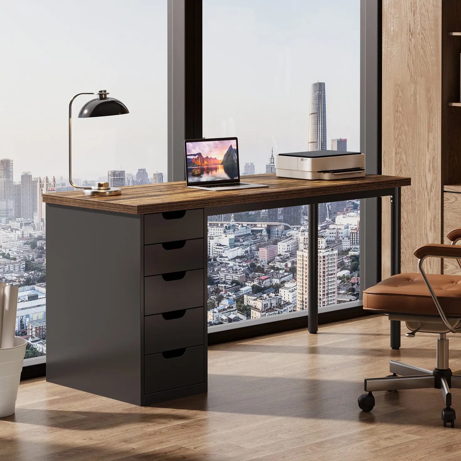 Tribesigns 47" Computer Desk with 5 Reversible Drawers, Rustic Home Office Workstation