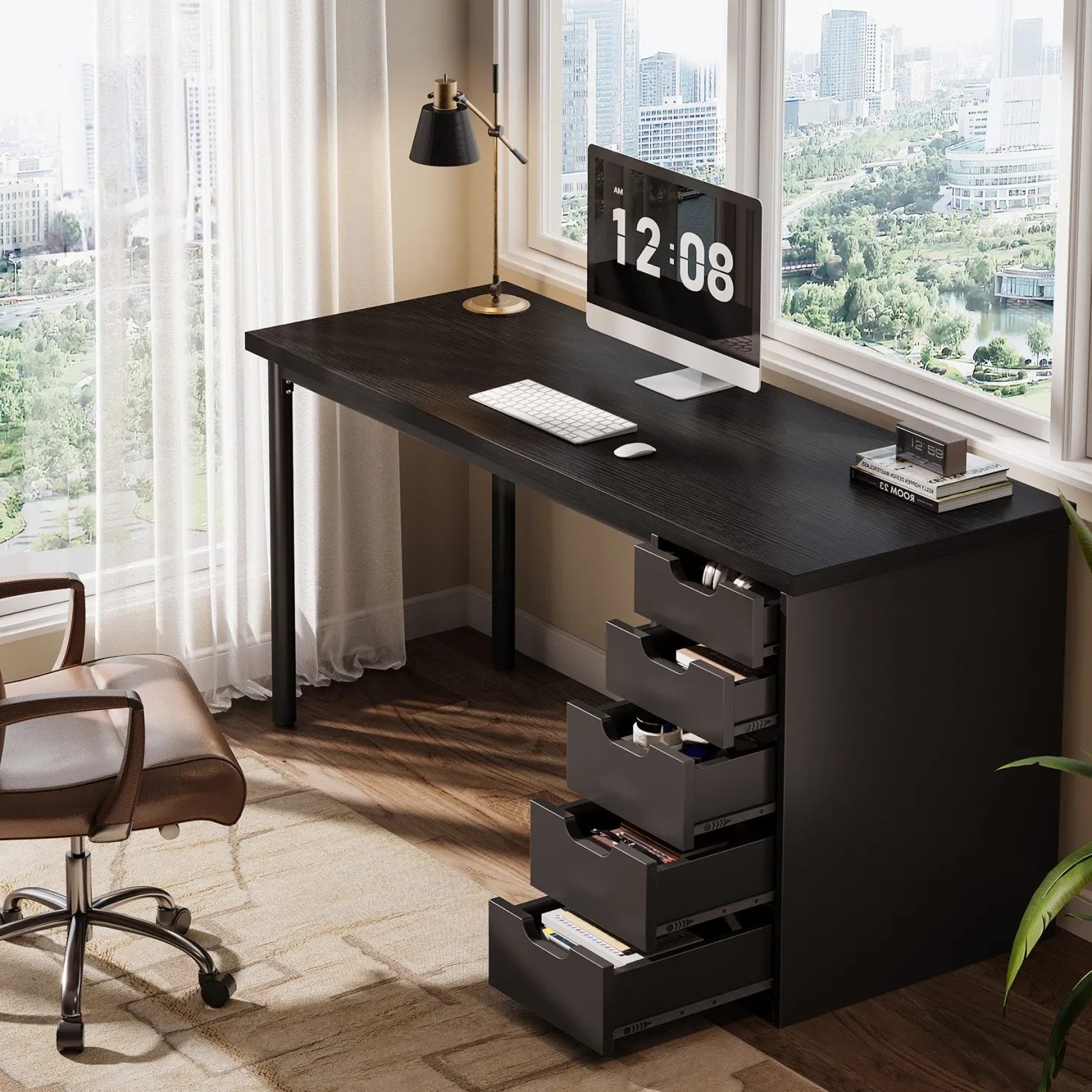 Tribesigns 47" Computer Desk with 5 Reversible Drawers, Rustic Home Office Workstation