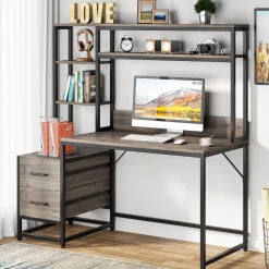 Tribesigns 55 Inch Computer Desk with Storage Shelves, Rustic Office Desk with Drawers