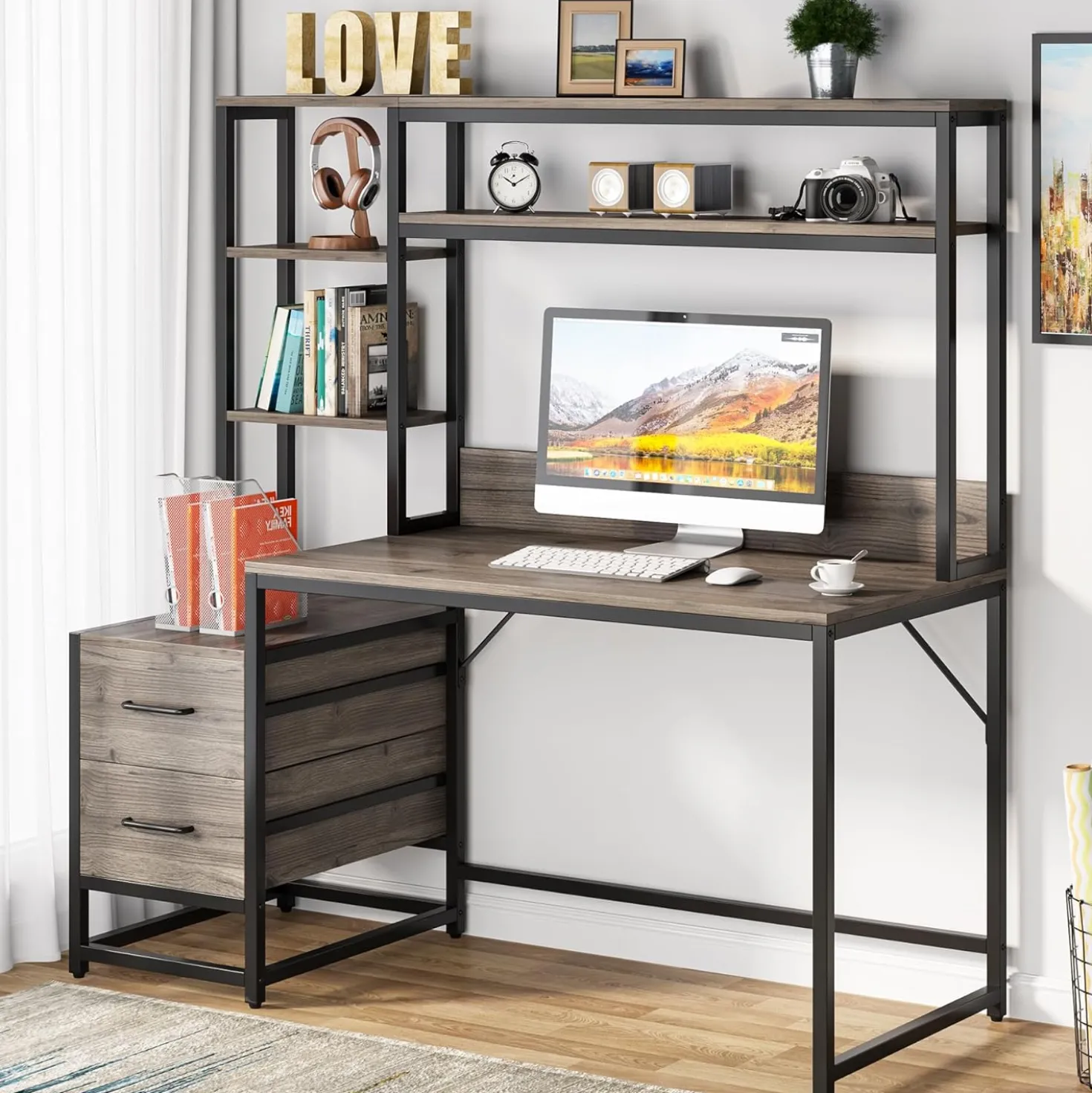 Tribesigns 55 Inch Computer Desk with Storage Shelves, Rustic Office Desk with Drawers
