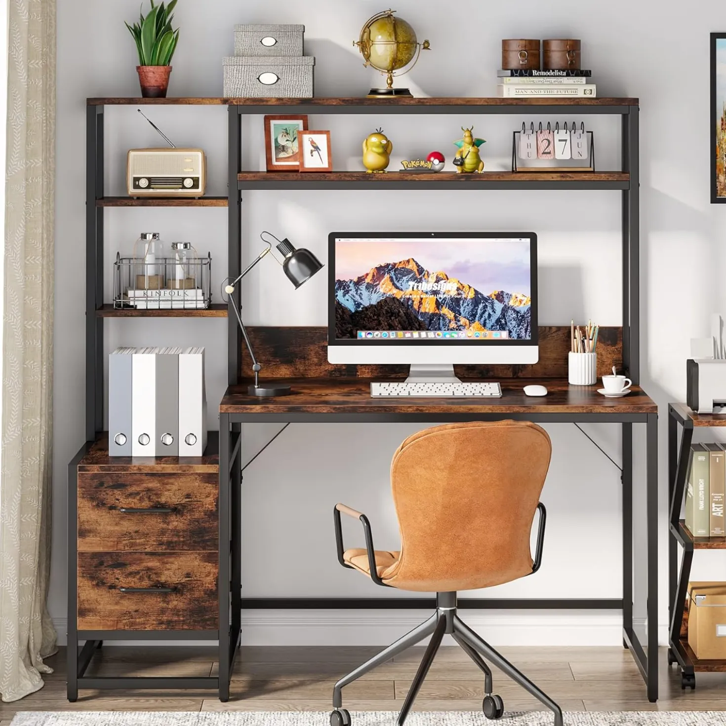Tribesigns 55 Inch Computer Desk with Storage Shelves, Rustic Office Desk with Drawers