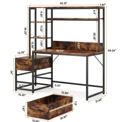 Tribesigns 55 Inch Computer Desk with Storage Shelves, Rustic Office Desk with Drawers