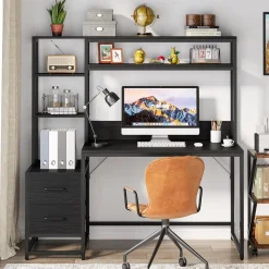 Tribesigns 55 Inch Computer Desk with Storage Shelves, Rustic Office Desk with Drawers