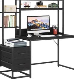 Tribesigns 55 Inch Computer Desk with Storage Shelves, Rustic Office Desk with Drawers