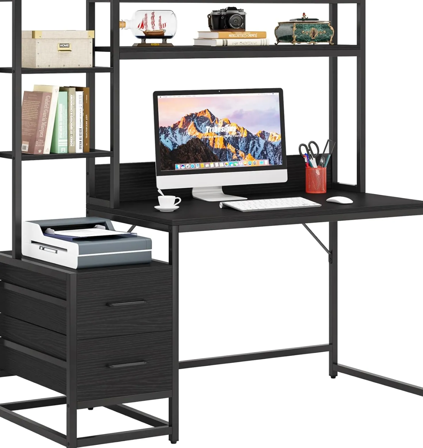 Tribesigns 55 Inch Computer Desk with Storage Shelves, Rustic Office Desk with Drawers