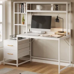 Tribesigns 55 Inch Computer Desk with Storage Shelves, Rustic Office Desk with Drawers