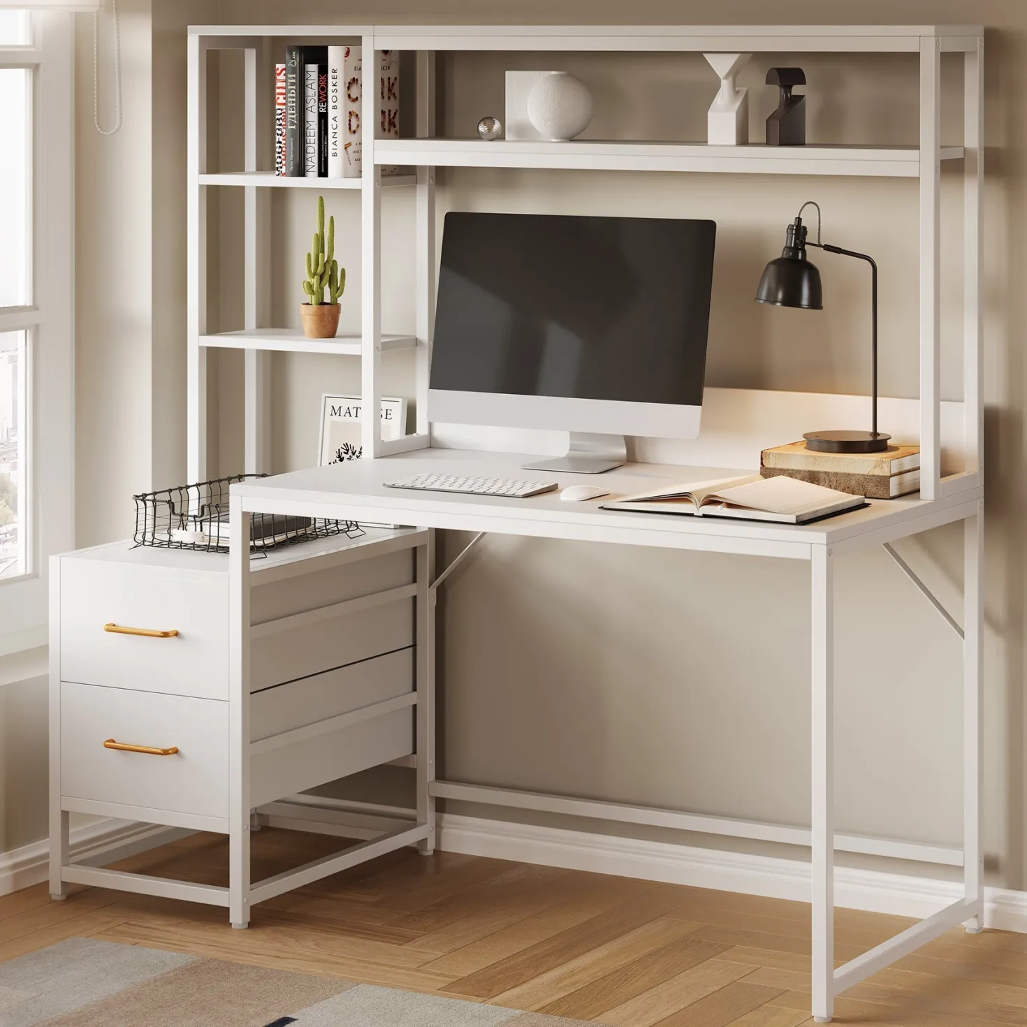 Tribesigns 55 Inch Computer Desk with Storage Shelves, Rustic Office Desk with Drawers