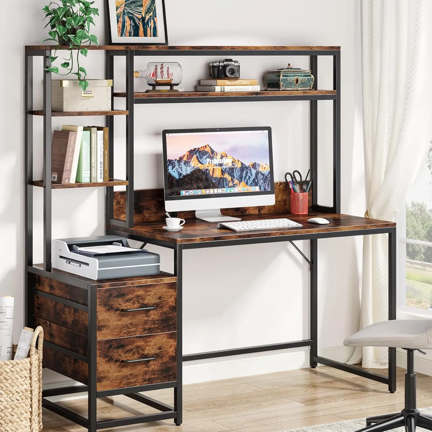 Tribesigns 55 Inch Computer Desk with Storage Shelves, Rustic Office Desk with Drawers