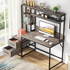 Tribesigns 55 Inch Computer Desk with Storage Shelves, Rustic Office Desk with Drawers