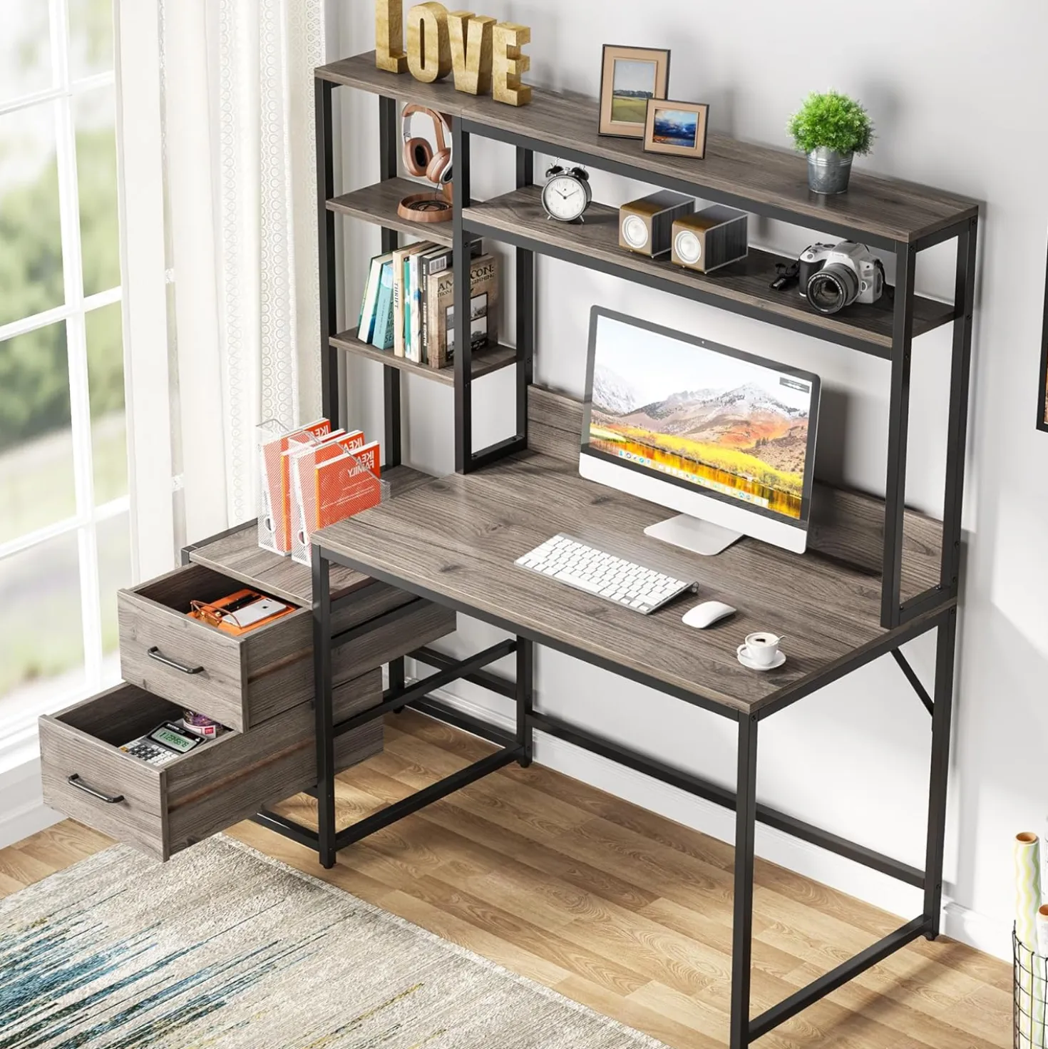 Tribesigns 55 Inch Computer Desk with Storage Shelves, Rustic Office Desk with Drawers