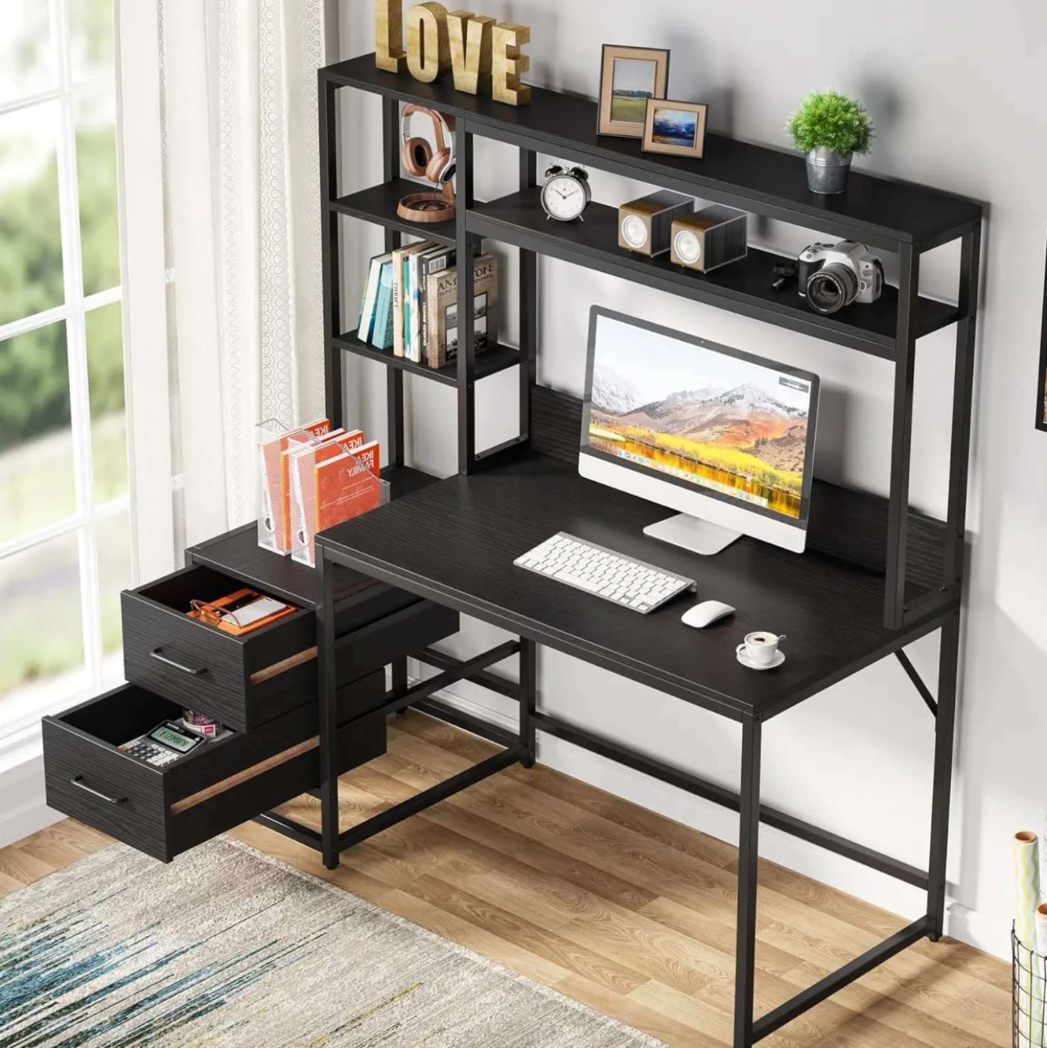 Tribesigns 55 Inch Computer Desk with Storage Shelves, Rustic Office Desk with Drawers