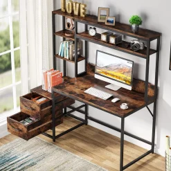 Tribesigns 55 Inch Computer Desk with Storage Shelves, Rustic Office Desk with Drawers