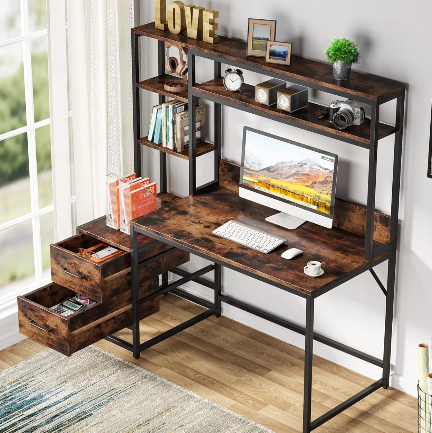 Tribesigns 55 Inch Computer Desk with Storage Shelves, Rustic Office Desk with Drawers
