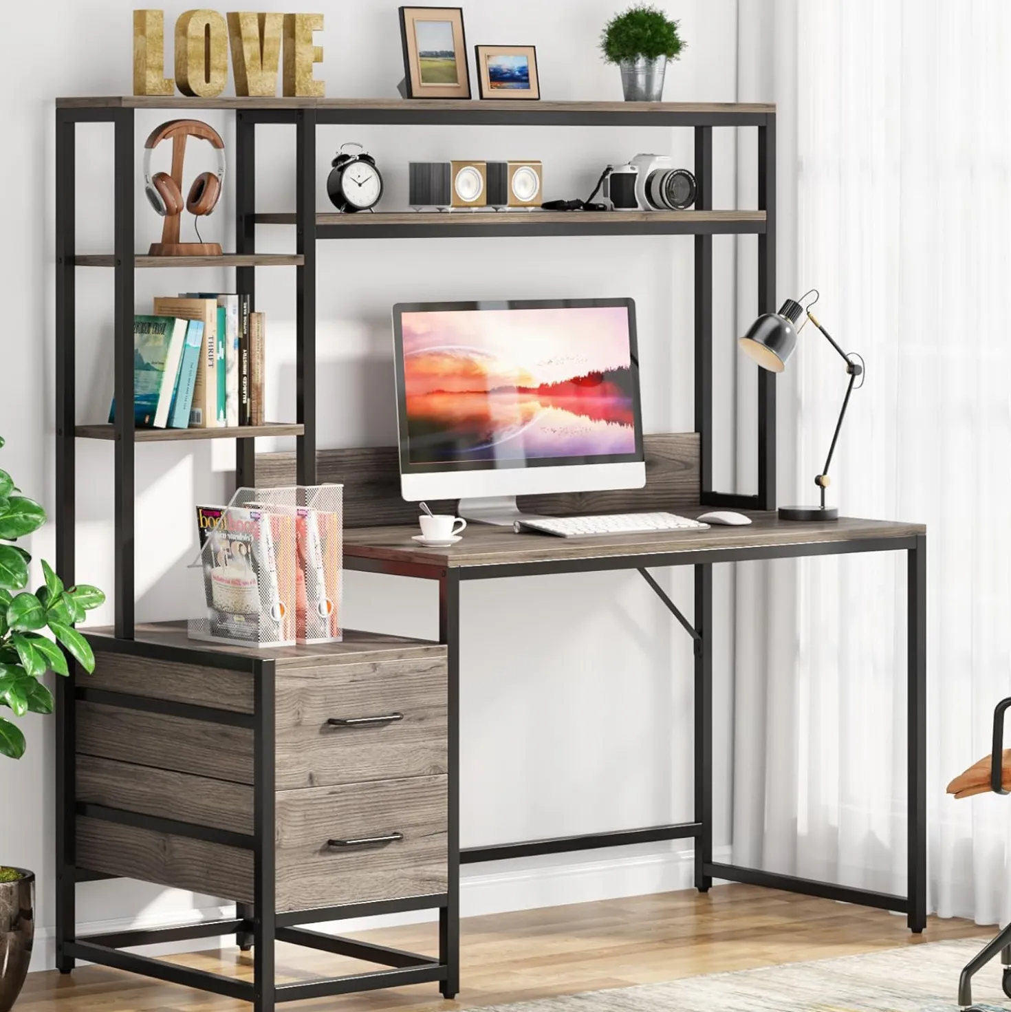 Tribesigns 55 Inch Computer Desk with Storage Shelves, Rustic Office Desk with Drawers