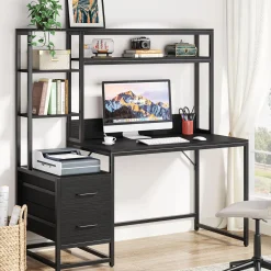 Tribesigns 55 Inch Computer Desk with Storage Shelves, Rustic Office Desk with Drawers