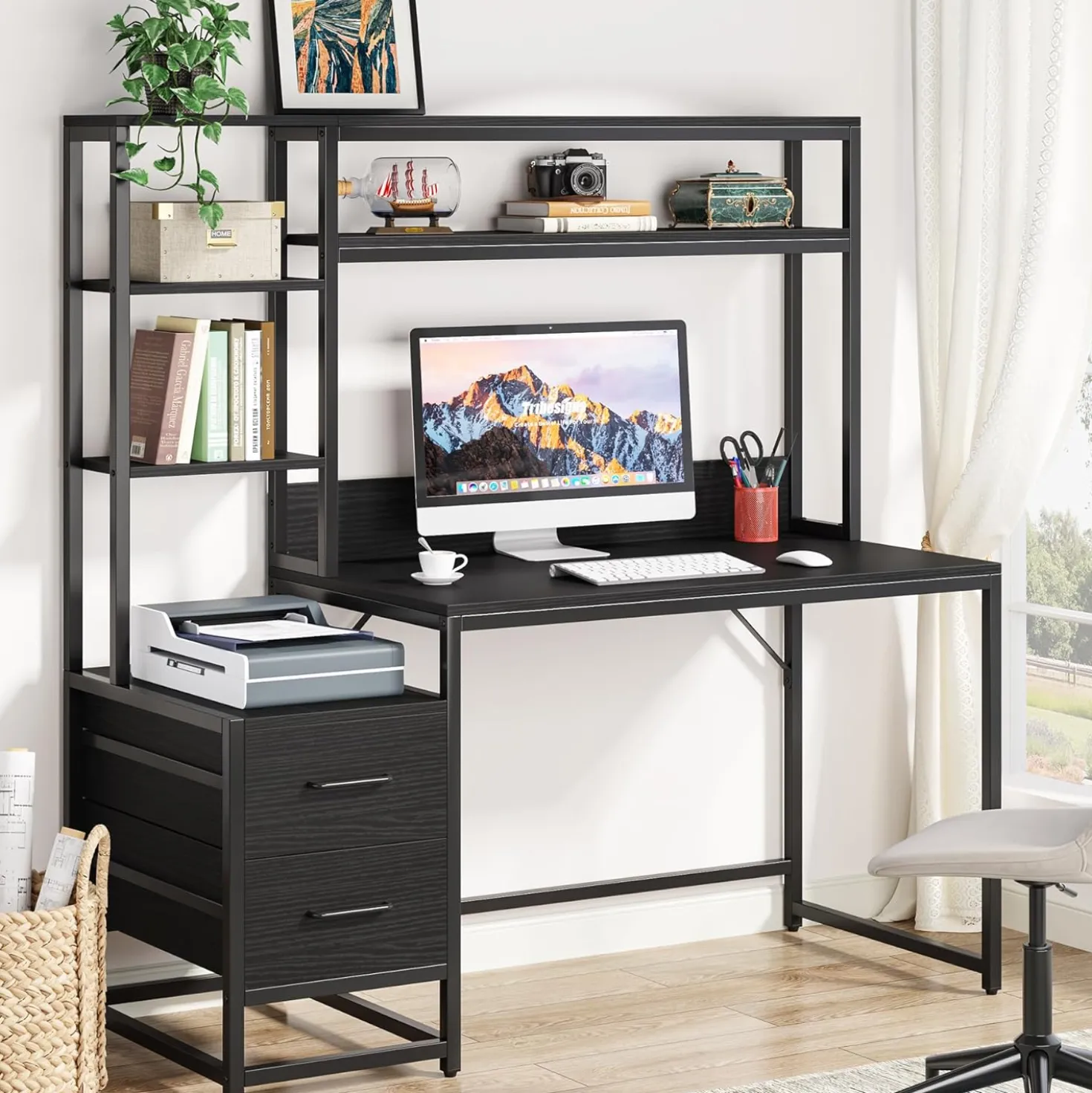 Tribesigns 55 Inch Computer Desk with Storage Shelves, Rustic Office Desk with Drawers