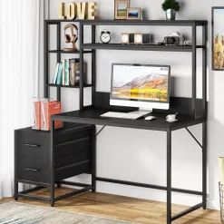 Tribesigns 55 Inch Computer Desk with Storage Shelves, Rustic Office Desk with Drawers