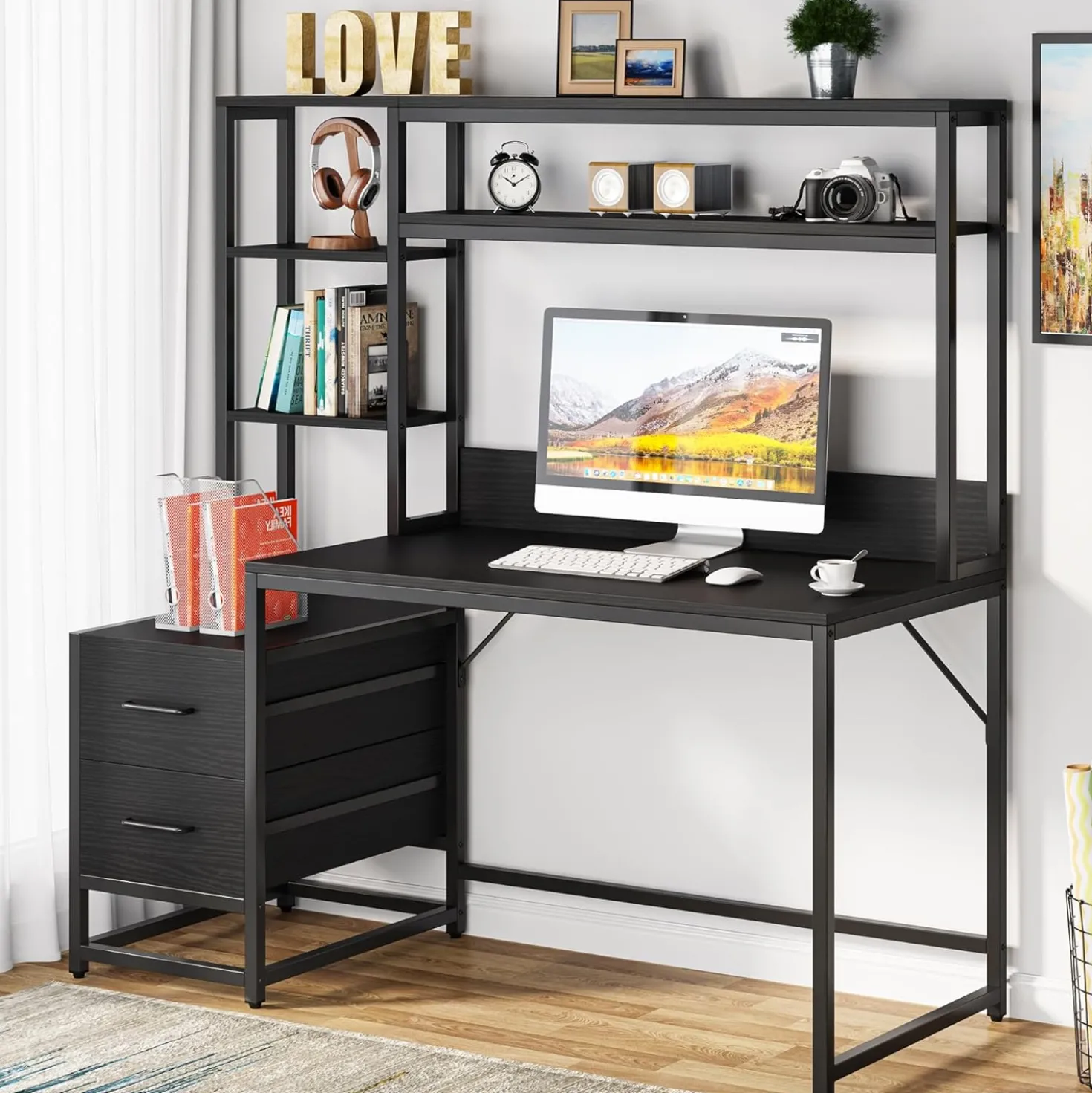Tribesigns 55 Inch Computer Desk with Storage Shelves, Rustic Office Desk with Drawers