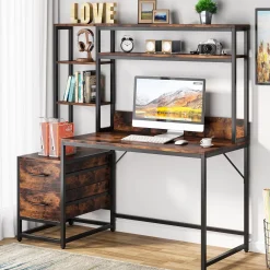 Tribesigns 55 Inch Computer Desk with Storage Shelves, Rustic Office Desk with Drawers