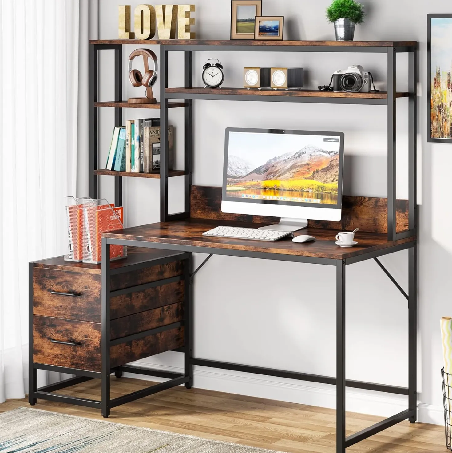 Tribesigns 55 Inch Computer Desk with Storage Shelves, Rustic Office Desk with Drawers