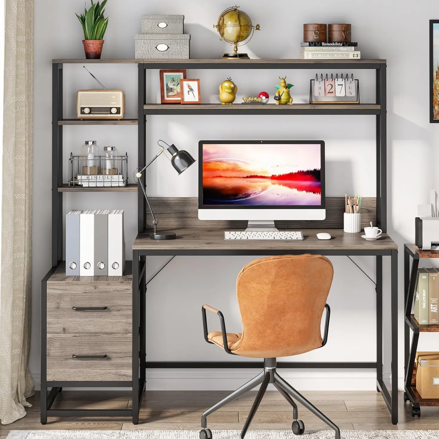 Tribesigns 55 Inch Computer Desk with Storage Shelves, Rustic Office Desk with Drawers