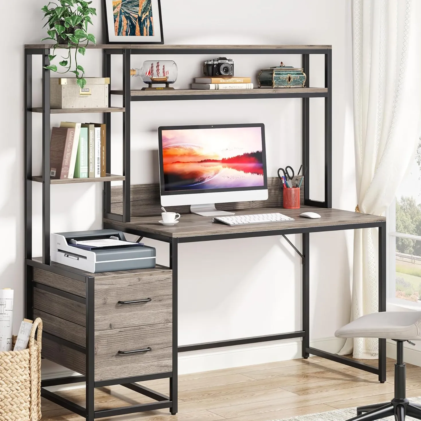 Tribesigns 55 Inch Computer Desk with Storage Shelves, Rustic Office Desk with Drawers
