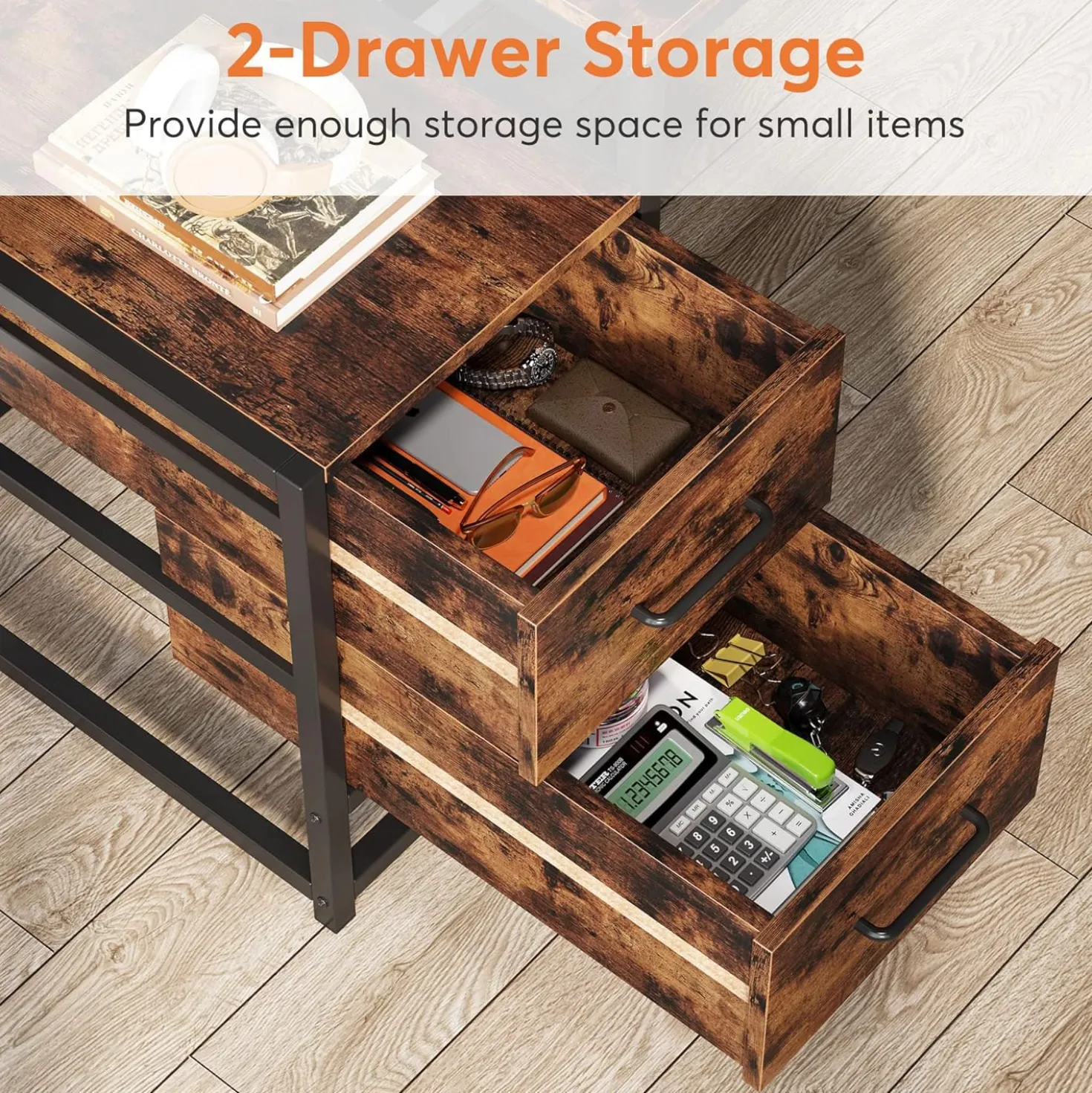 Tribesigns 55 Inch Computer Desk with Storage Shelves, Rustic Office Desk with Drawers