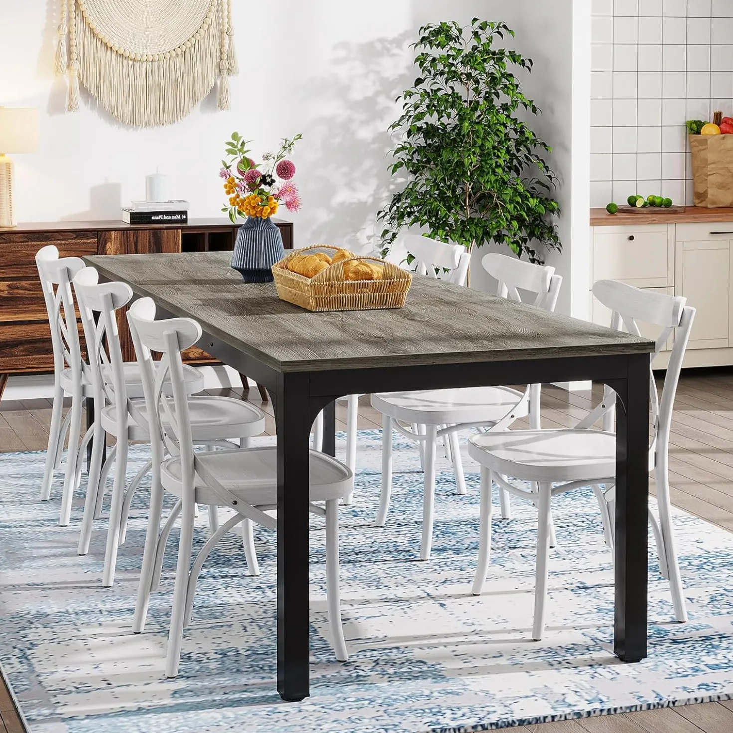 Tribesigns 78.7" Industrial Dining Table, Rustic Rectangular Wood Table with Metal Legs