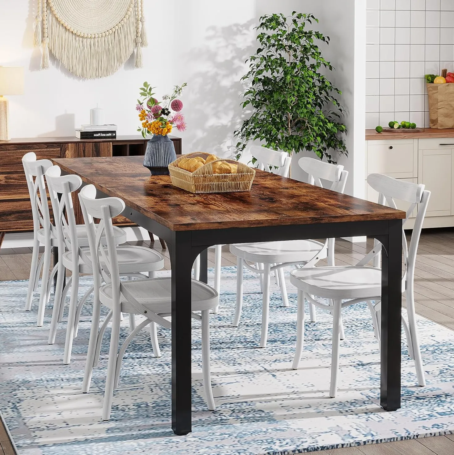 Tribesigns 78.7" Industrial Dining Table, Rustic Rectangular Wood Table with Metal Legs
