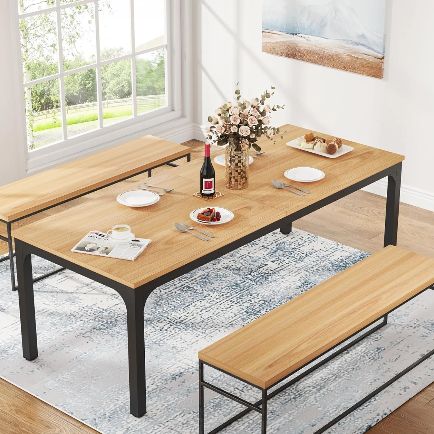 Tribesigns 78.7" Industrial Dining Table, Rustic Rectangular Wood Table with Metal Legs