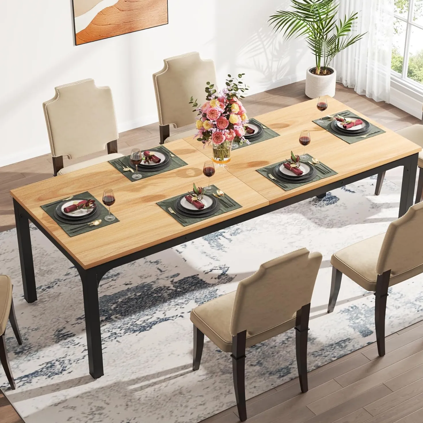 Tribesigns 78.7" Industrial Dining Table, Rustic Rectangular Wood Table with Metal Legs