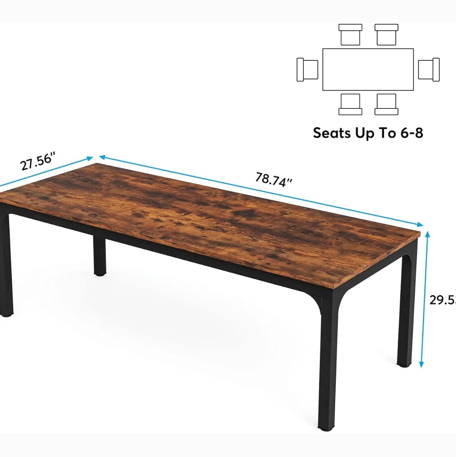 Tribesigns 78.7" Industrial Dining Table, Rustic Rectangular Wood Table with Metal Legs
