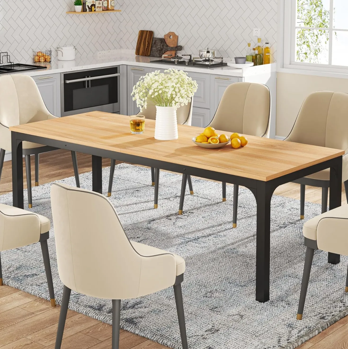 Tribesigns 78.7" Industrial Dining Table, Rustic Rectangular Wood Table with Metal Legs