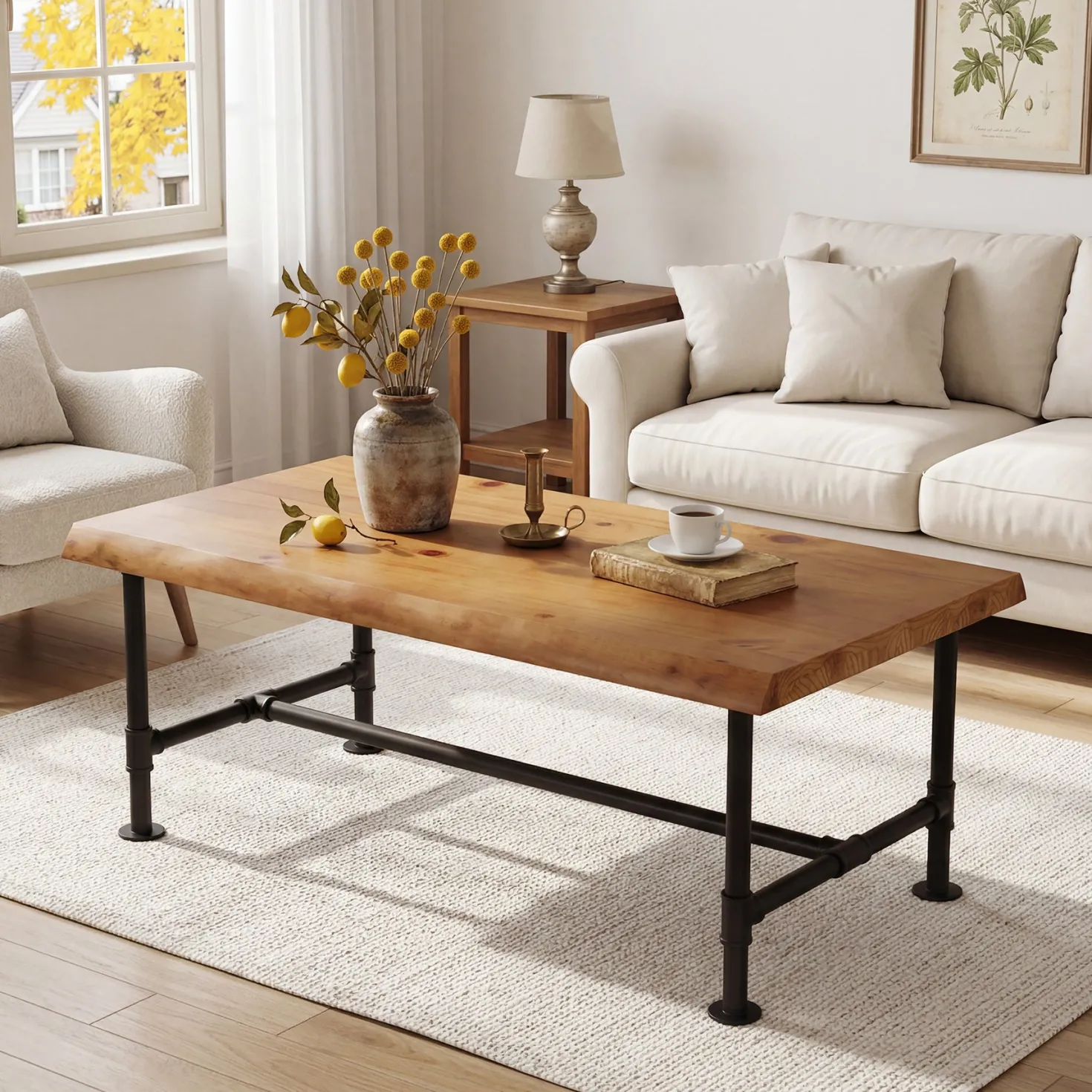 Tribesigns 47.2" Live Edge Coffee Table, Pine Wood Center Table for Living Room