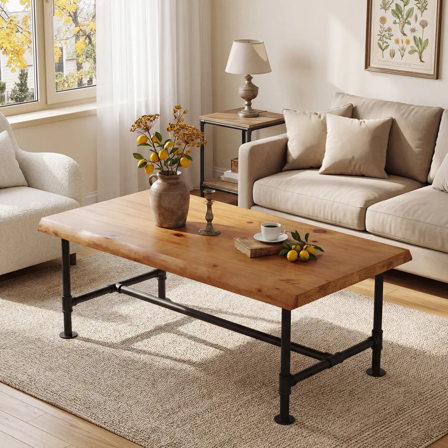 Tribesigns 47.2" Live Edge Coffee Table, Pine Wood Center Table for Living Room