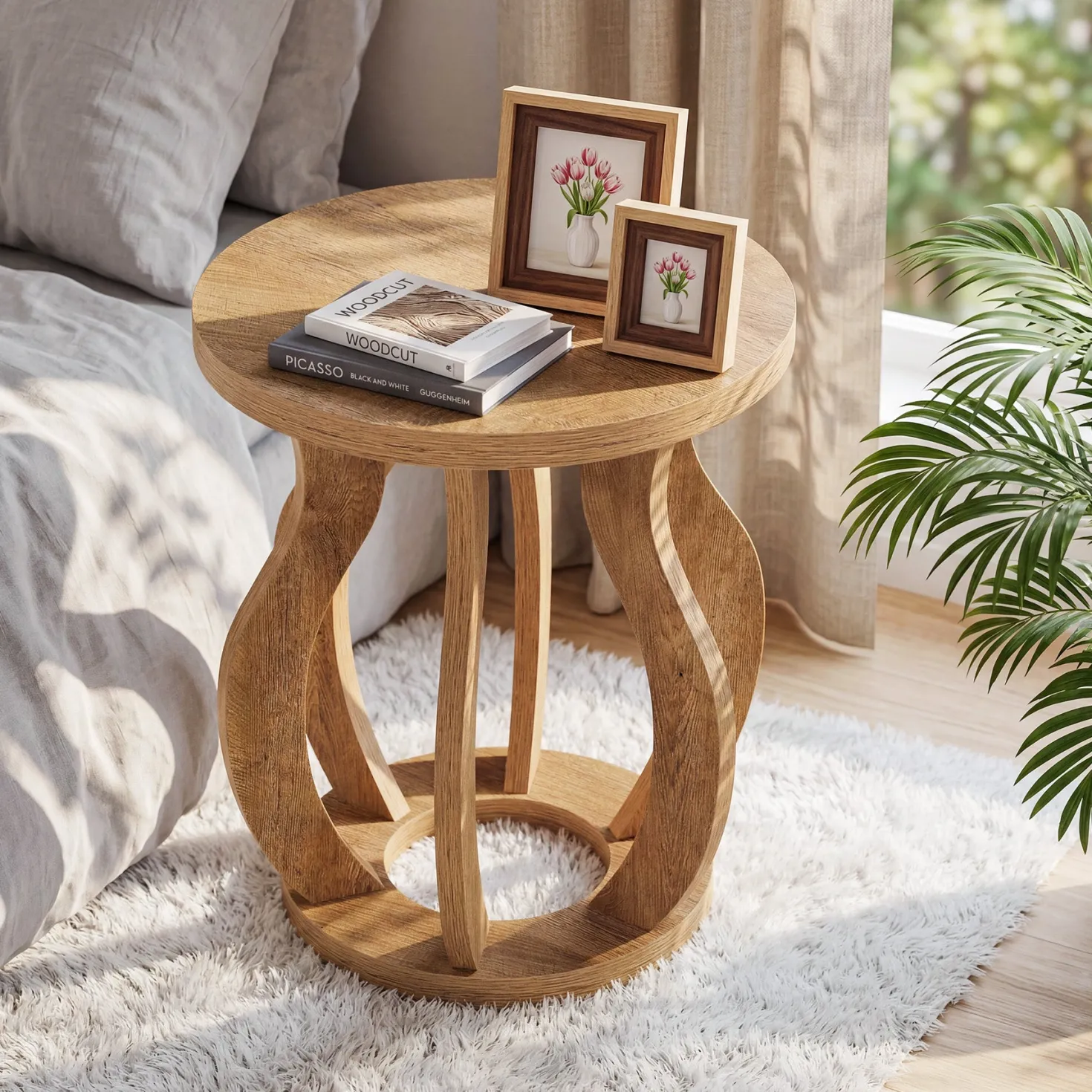 Tribesigns 19.69" Round Side Table, Curved Wooden Nightstand for Small Spaces