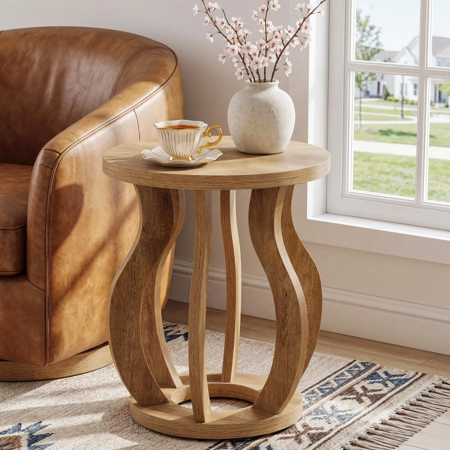 Tribesigns 19.69" Round Side Table, Curved Wooden Nightstand for Small Spaces