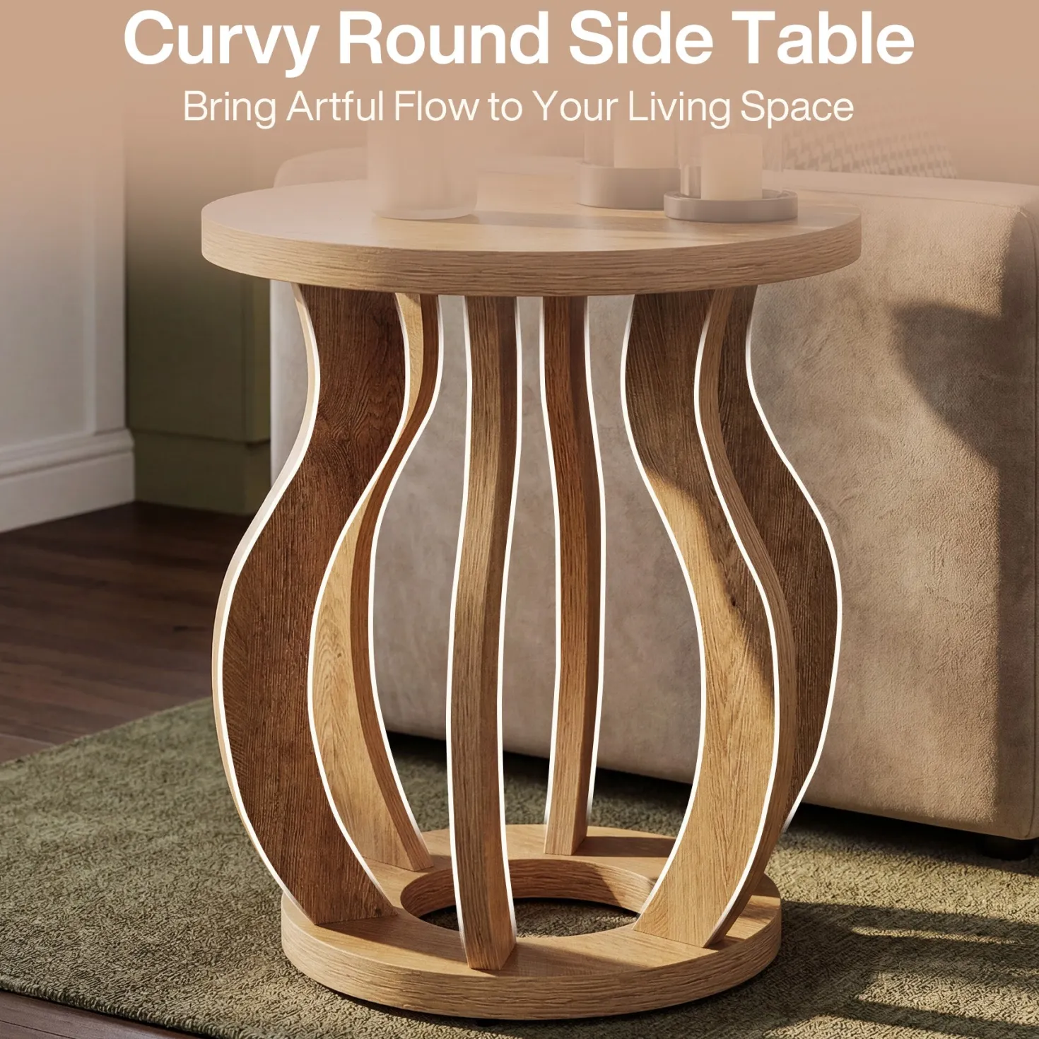 Tribesigns 19.69" Round Side Table, Curved Wooden Nightstand for Small Spaces
