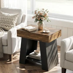 Tribesigns 23.62” Small 2-Tier End Table with Storage Shelf, Two-Tone Farmhouse Side Table